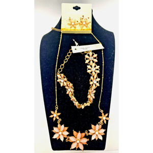 Necklace Earrings Bracelet Set Justin Taylor Pink Flowers Gold Plated Jewelry